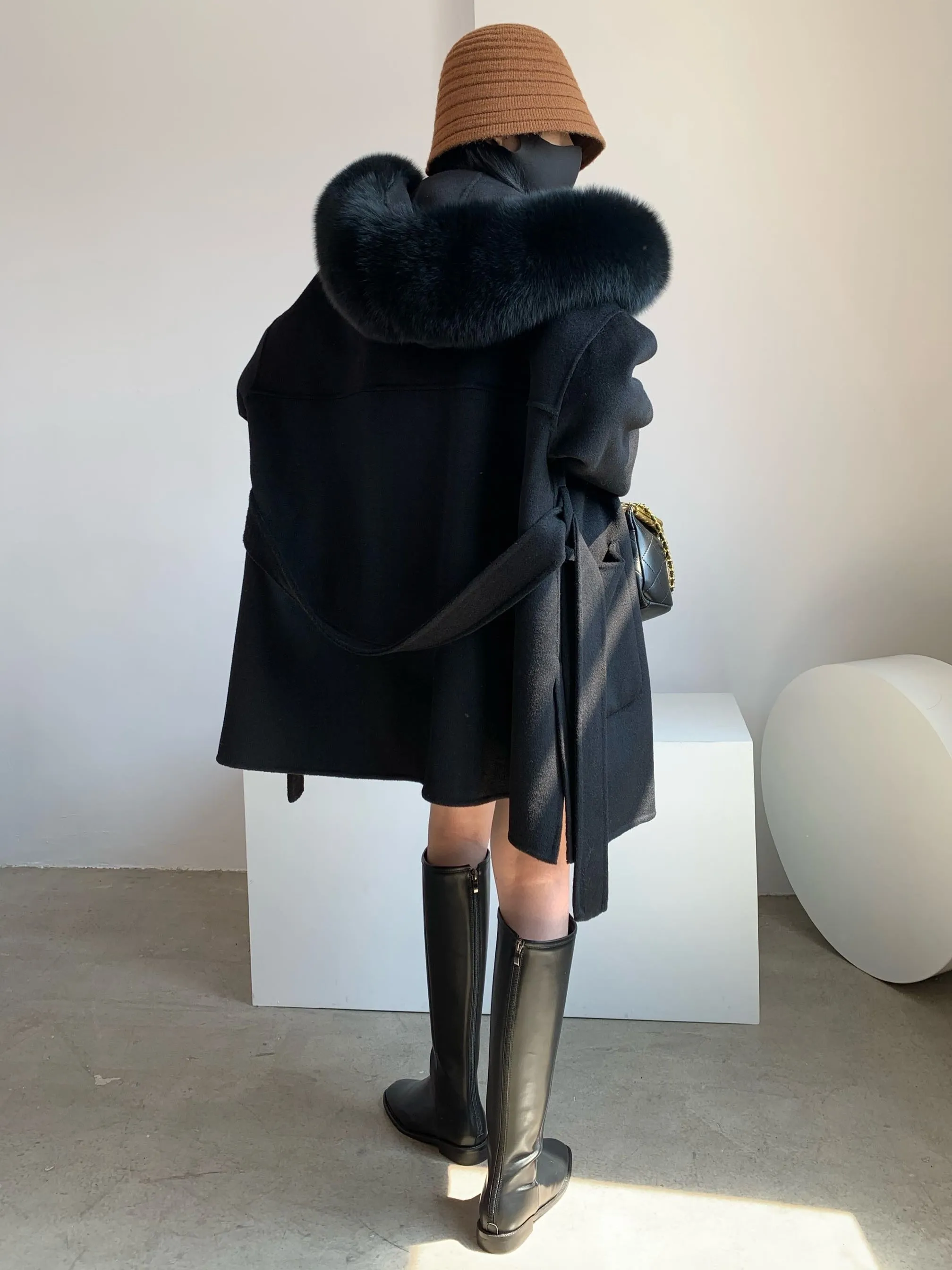ZABRI wool coat with fox fur collar belt cashmere coats winter  wool coat with fur hood