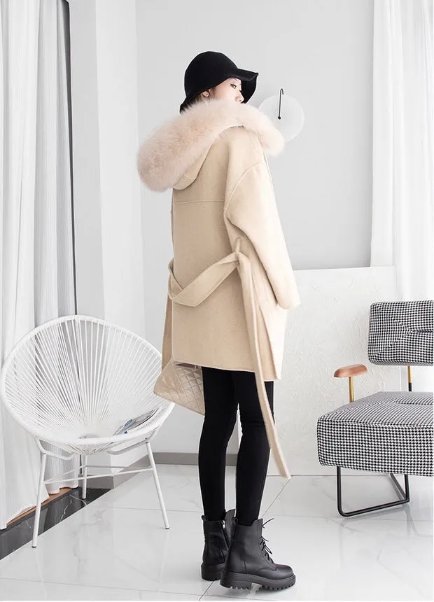 ZABRI wool coat with fox fur collar belt cashmere coats winter  wool coat with fur hood