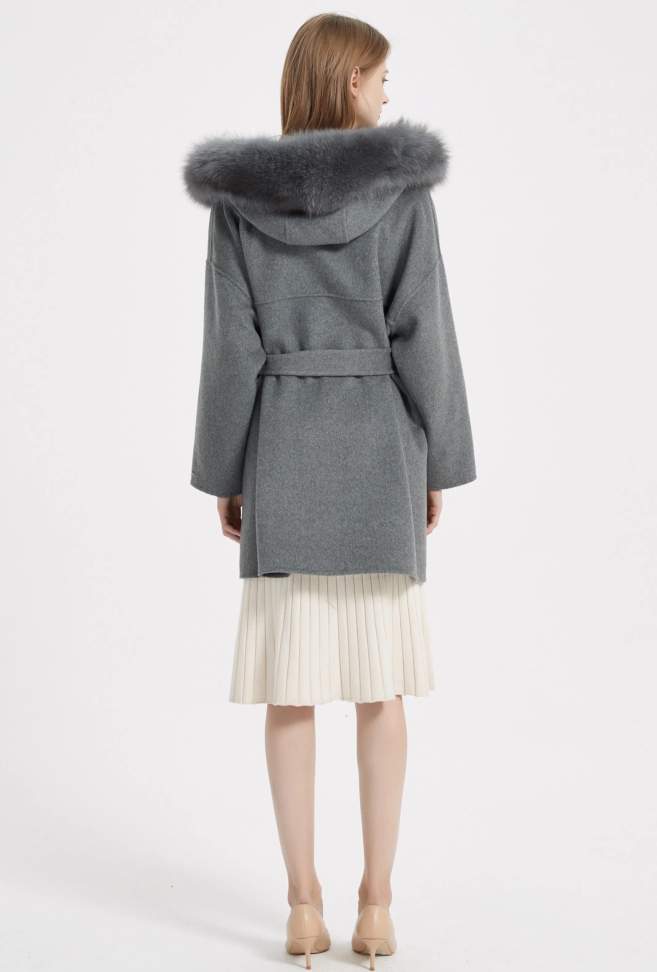 ZABRI wool coat with fox fur collar belt cashmere coats winter  wool coat with fur hood