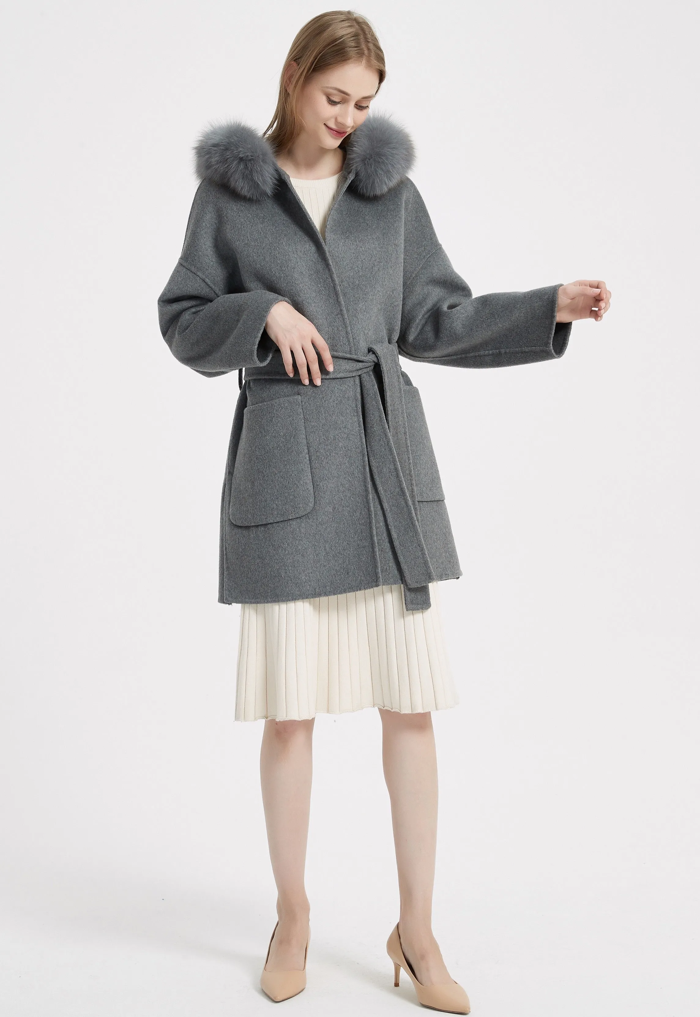 ZABRI wool coat with fox fur collar belt cashmere coats winter  wool coat with fur hood