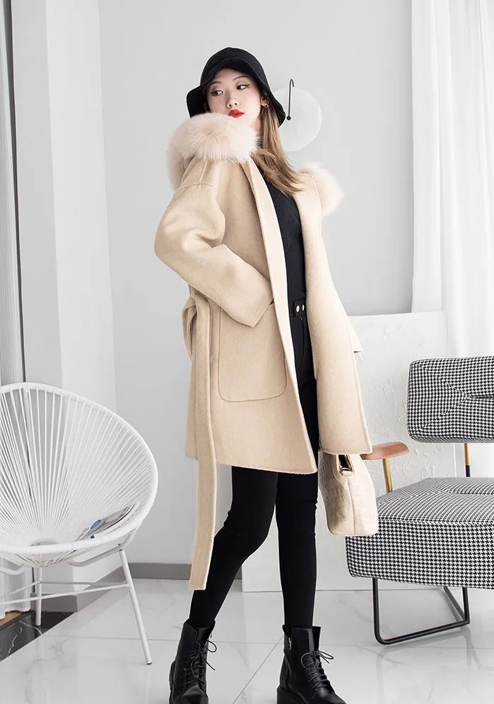 ZABRI wool coat with fox fur collar belt cashmere coats winter  wool coat with fur hood