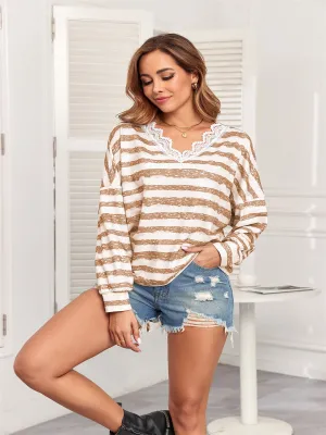 ZAFUL Womens Batwing Long Sleeve Shirts Lace V Neck Drop Shoulder Striped Blouse Loose Fit Casual Tops