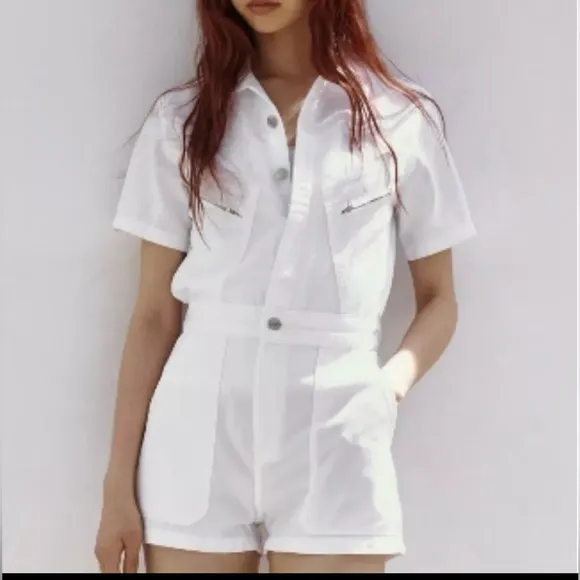 Zara White Utility Retro Romper‎ Shorts Women’s Size 28 NWT