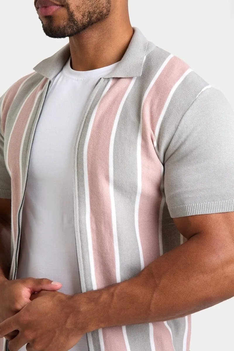 Zipped Knitted Shirt in Pink/Grey