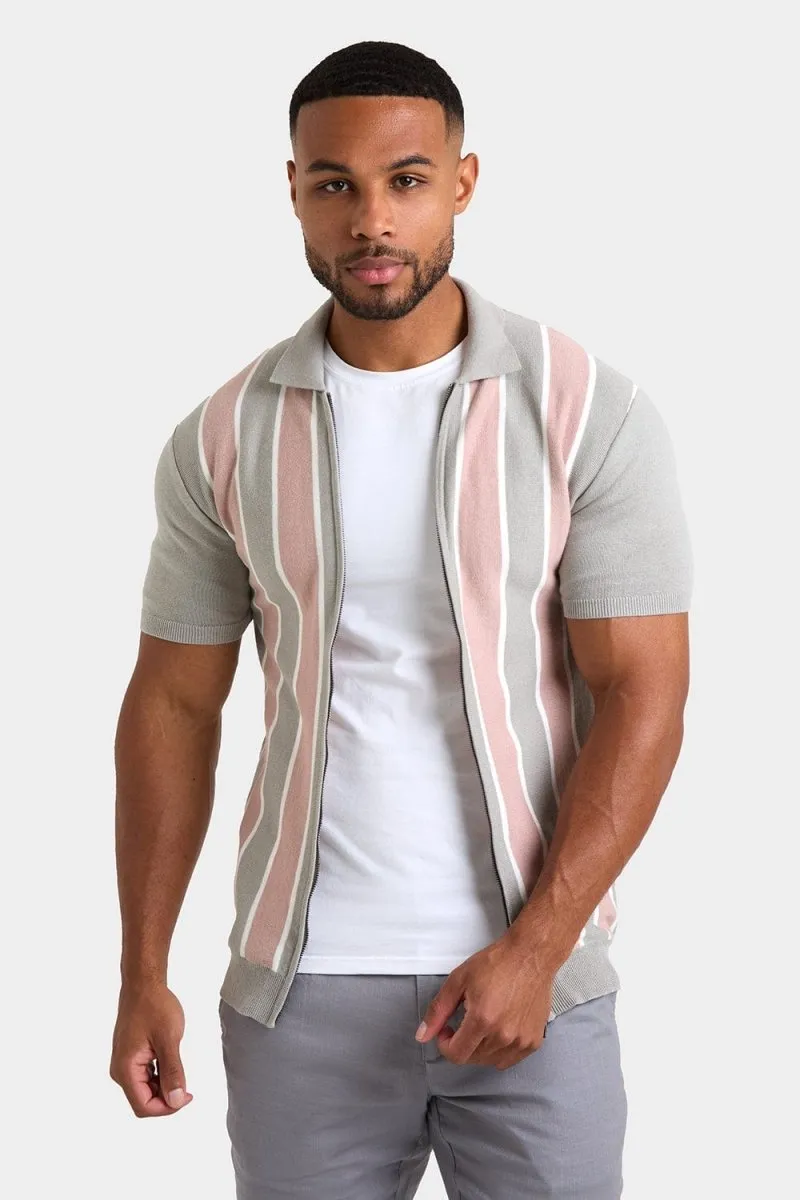 Zipped Knitted Shirt in Pink/Grey