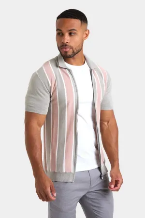 Zipped Knitted Shirt in Pink/Grey