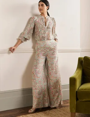 Zoe Wide Leg Palazzo Trousers-Ivory, Flora Paisley