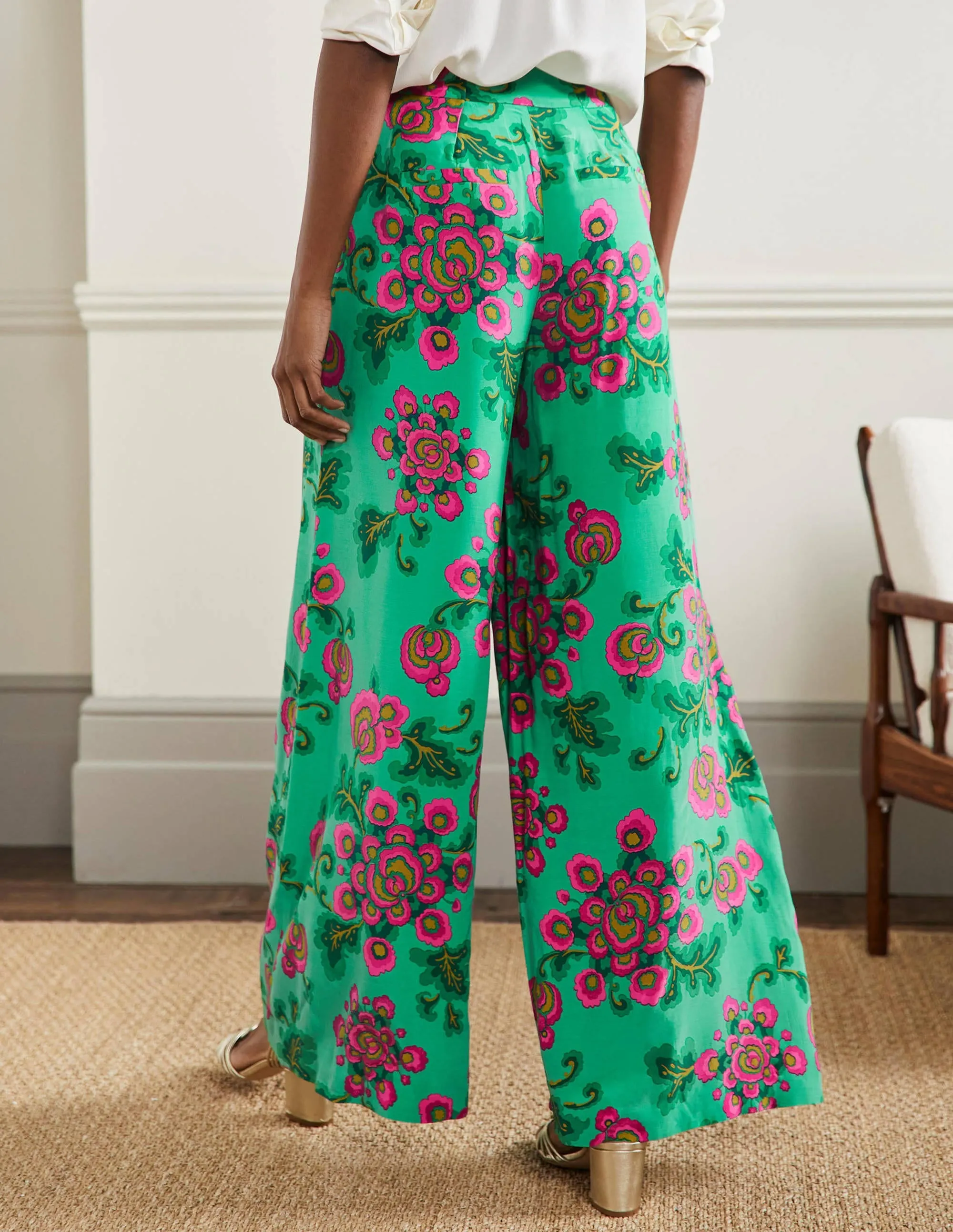 Zoe Wide Leg Palazzo Trousers-Ming Green, Wild Blooms