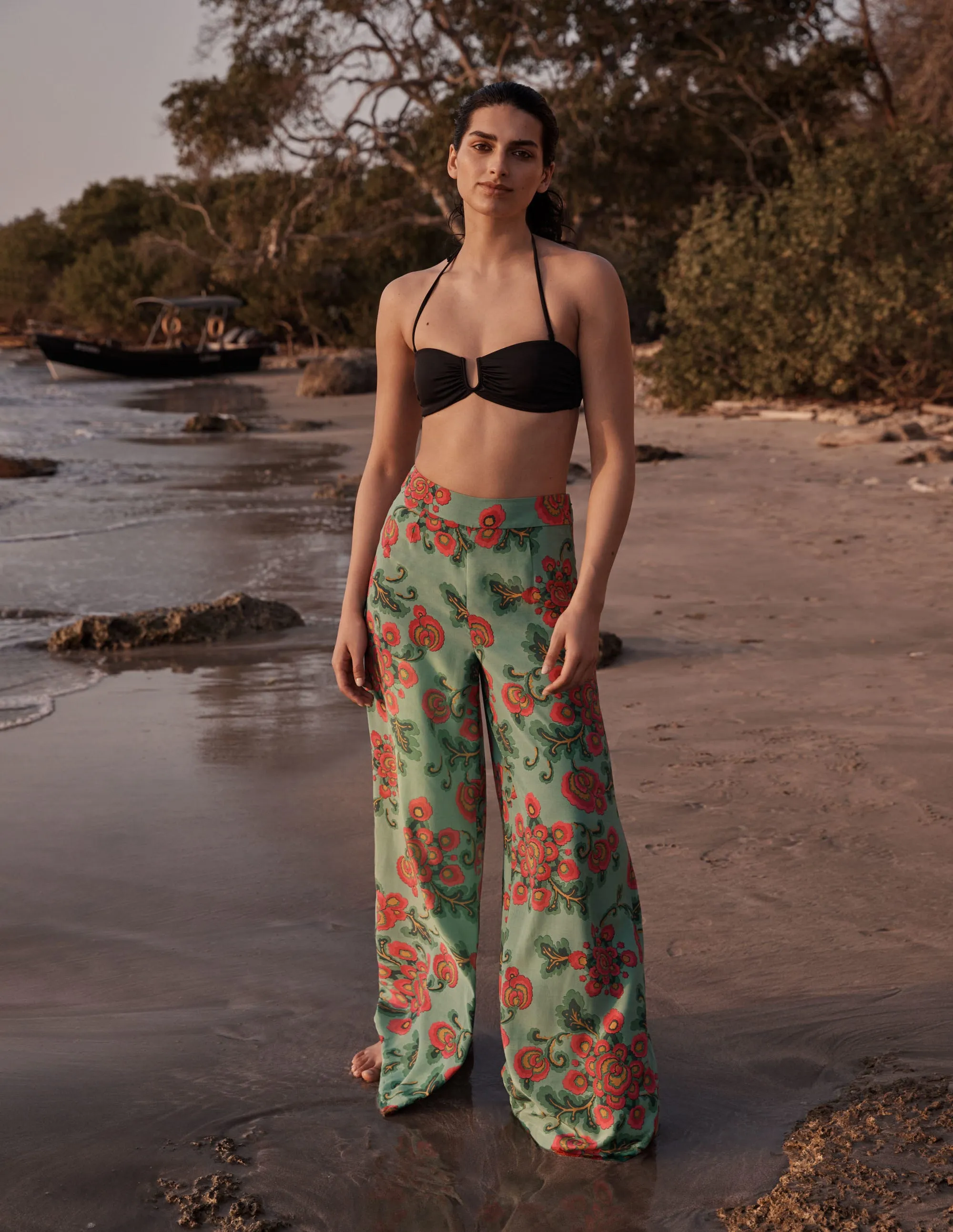 Zoe Wide Leg Palazzo Trousers-Ming Green, Wild Blooms