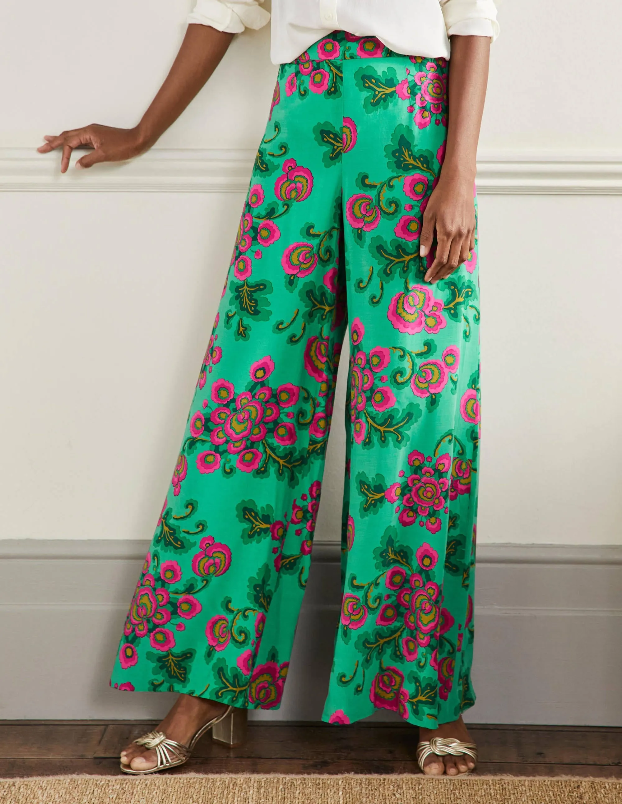 Zoe Wide Leg Palazzo Trousers-Ming Green, Wild Blooms