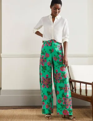 Zoe Wide Leg Palazzo Trousers-Ming Green, Wild Blooms