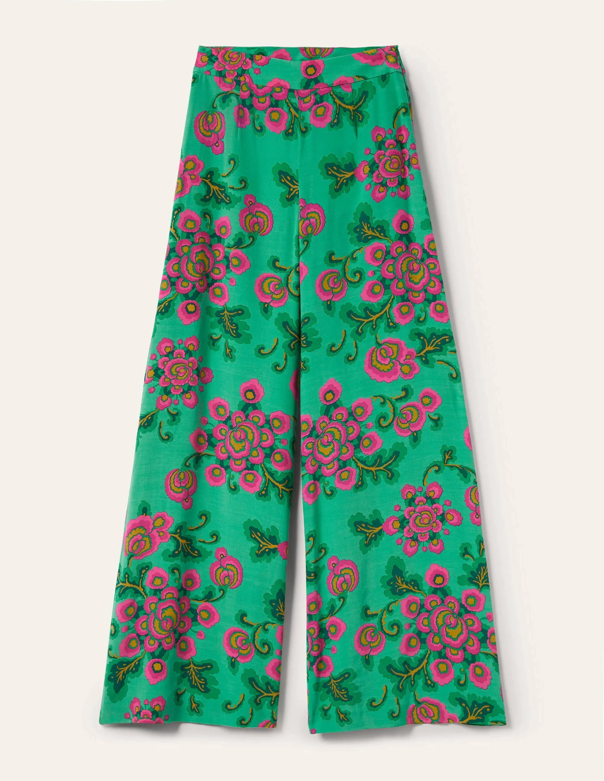 Zoe Wide Leg Palazzo Trousers-Ming Green, Wild Blooms