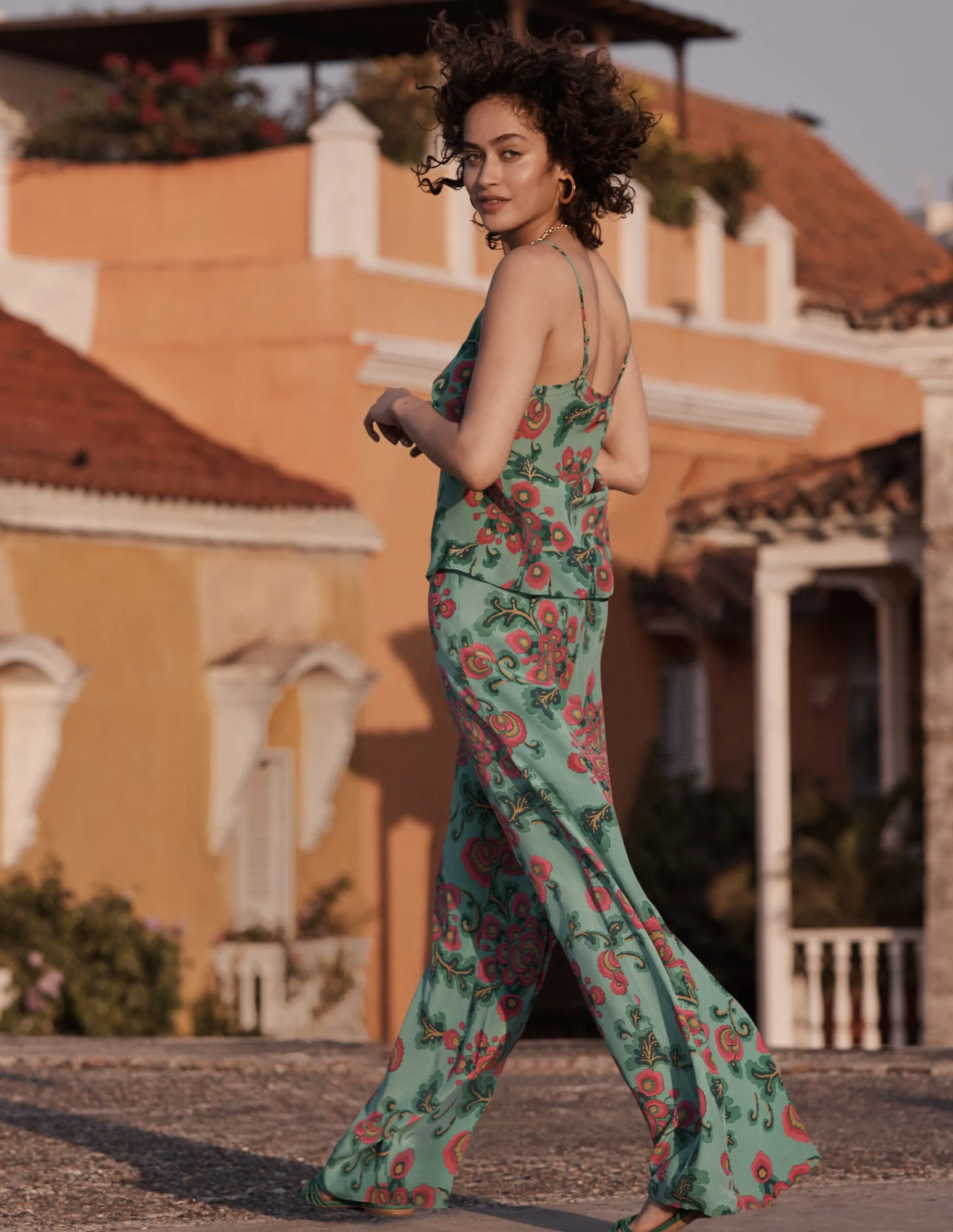Zoe Wide Leg Palazzo Trousers-Ming Green, Wild Blooms